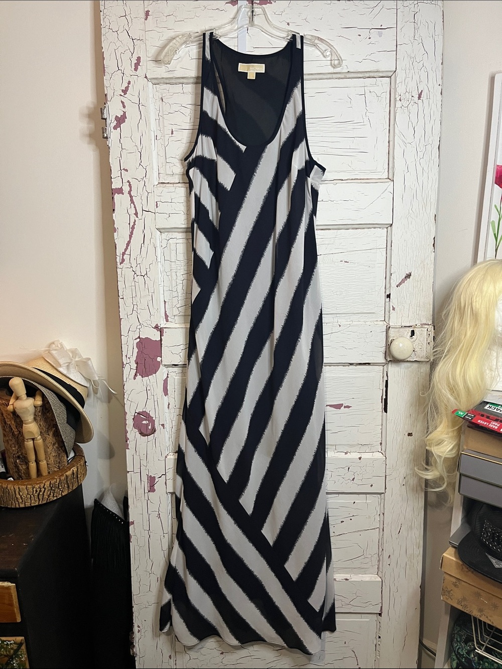 MICHAEL by Michael Kors Black & White Diagonal Stripe Maxi Dress Sz Lg